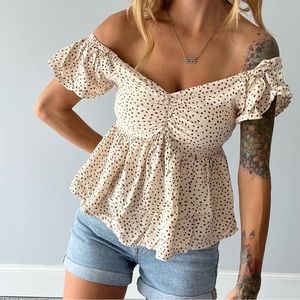 Japna Cream Off Shoulder Brown Polka Dot BabyDoll Top